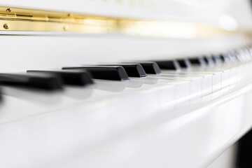 A close up of a keyboard of a white grand piano