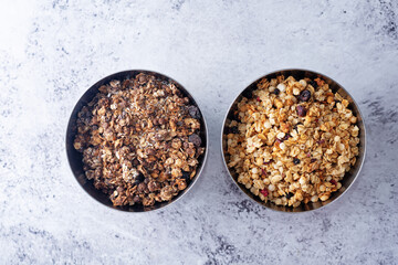 Chocolate and oats granola with chocolate drops, nuts and dried fruits