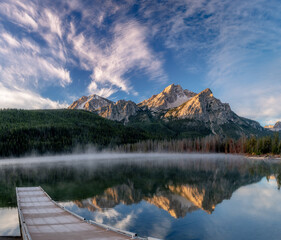 Stanley Lake Idaho boat dock with mountain reflection