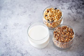 Chocolate and oats granola with chocolate drops, nuts and dried fruits