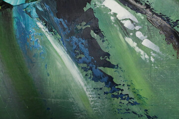 Green bright acrylic texture, with thick strokes. Blue, white, yellow, bright