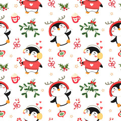 Seamless pattern with cute Christmas penguins and elements. Festive vector illustration.
