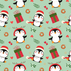 Seamless pattern with cute Christmas penguins and elements. Festive vector illustration.