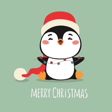 Cute cartoon penguin with garland. Merry Christmas, vector illustration. Lettering Marry Christmas