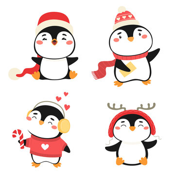 Set of cute cartoon penguins. Children's illustration of Christmas penguins in hats and scarves. Vector illustration for decoration and children's clothing, prints.