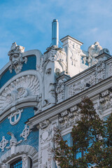 Fototapeta na wymiar Art Nouveau architecture, Facade of the art nouveau building by architect Eisenstein in the Elizabetes Street in Riga, Latvia, Europe, vertical