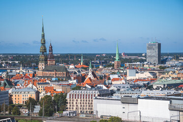 Riga panorama with St. Peter's Church, Lutheran church in Riga, the capital of Latvia and other churches and buildings