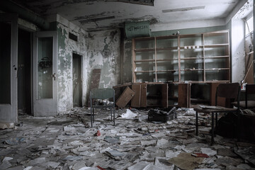 An old abandoned library. Lots of books on the floor. A ray of light from the window. A chair in the middle of the room. Scary old abandoned library. - obrazy, fototapety, plakaty