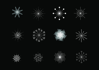 set of snowflakes of different shapes on black