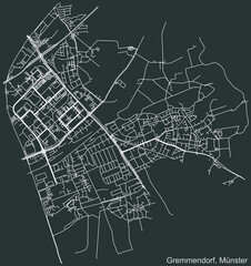 Detailed negative navigation urban street roads map on dark gray background of the quarter Gremmendorf district of the German capital city of Münster-Muenster, Germany