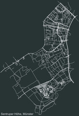 Detailed negative navigation urban street roads map on dark gray background of the quarter Sentruper Höhe district of the German capital city of Münster-Muenster, Germany