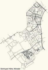 Detailed navigation urban street roads map on vintage beige background of the quarter Sentruper Höhe district of the German capital city of Münster-Muenster, Germany