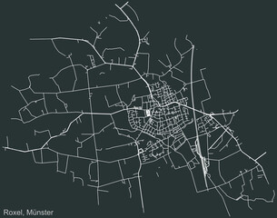 Detailed negative navigation urban street roads map on dark gray background of the quarter Roxel district of the German capital city of Münster-Muenster, Germany