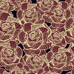 Abstract elegance seamless floral pattern. Beautiful flowers vector illustration texture with pink, golden roses on dark purple background. Flowering roses print
