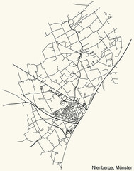 Detailed navigation urban street roads map on vintage beige background of the quarter Nienberge district of the German capital city of Münster-Muenster, Germany