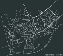 Detailed negative navigation urban street roads map on dark gray background of the quarter Mecklenbeck district of the German capital city of Münster-Muenster, Germany