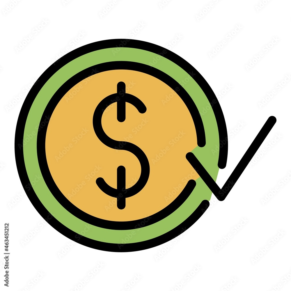 Poster coin and and check mark icon. outline coin and and check mark vector icon color flat isolated