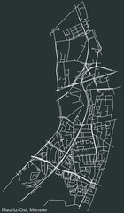 Detailed negative navigation urban street roads map on dark gray background of the quarter Mauritz-Ost district of the German capital city of Münster-Muenster, Germany