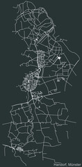 Detailed negative navigation urban street roads map on dark gray background of the quarter Handorf district of the German capital city of Münster-Muenster, Germany