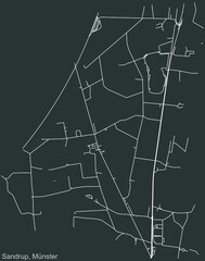 Detailed negative navigation urban street roads map on dark gray background of the quarter Sandrup district of the German capital city of Münster-Muenster, Germany