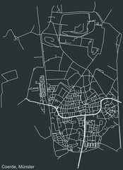 Detailed negative navigation urban street roads map on dark gray background of the quarter Coerde district of the German capital city of Münster-Muenster, Germany