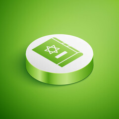 Isometric Jewish torah book icon isolated on green background. On the cover of the Bible is the image of the Star of David. White circle button. Vector Illustration