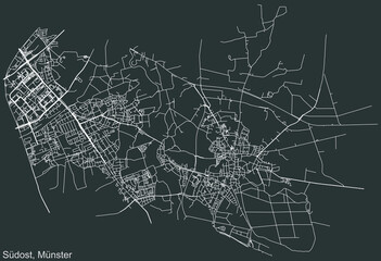 Detailed negative navigation urban street roads map on dark gray background of the quarter Süd-Ost district of the German regional capital city of Münster-Muenster, Germany