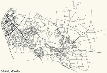Detailed navigation urban street roads map on vintage beige background of the quarter Süd-Ost district of the German regional capital city of Münster-Muenster, Germany