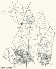 Detailed navigation urban street roads map on vintage beige background of the quarter Nord district of the German regional capital city of Münster-Muenster, Germany