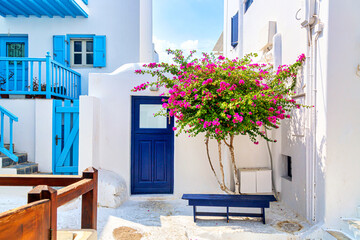 Iconic Mykonos picture. Famous old town street with white houses, blue fences and bougainvillea flower. Mykonos island, Greece