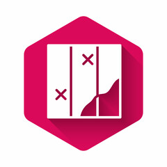 White Folded map icon isolated with long shadow. Pink hexagon button. Vector