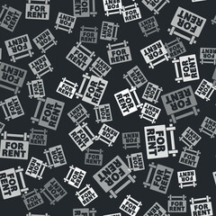 Grey Hanging sign with text For Rent icon isolated seamless pattern on black background. Signboard with text For Rent. Vector