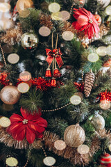 Christmas card, Christmas tree decorated with Christmas toys, postcard