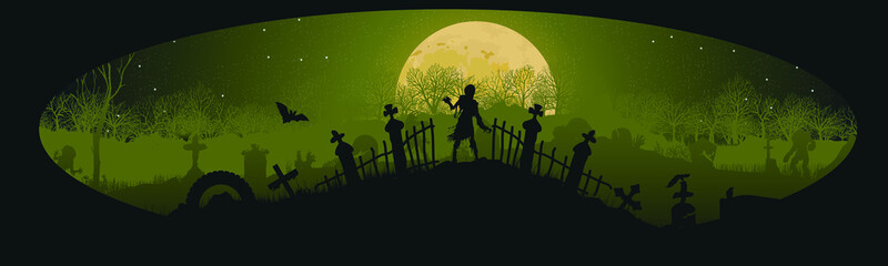 Panoramic silhouette of a cemetery with zombies.
Halloween holiday. Landscape with dead people, monsters and crosses. Spooky illustration
Vector illustration for Halloween. eps 10