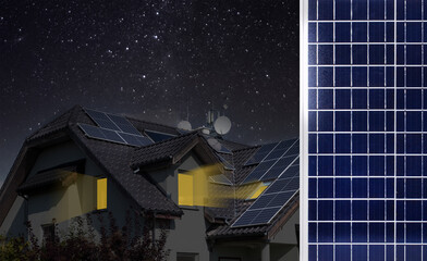 Solar panel day and night. The idea of ecology - solar energy at modern house. An example of the use of photovoltaics. Night view.