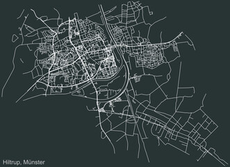 Detailed negative navigation urban street roads map on dark gray background of the quarter Hiltrup district of the German capital city of Münster-Muenster, Germany