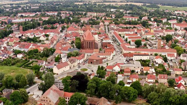 Drone flight over the city of Beeskow in the district of Brandenburg in Germany (Aerial)