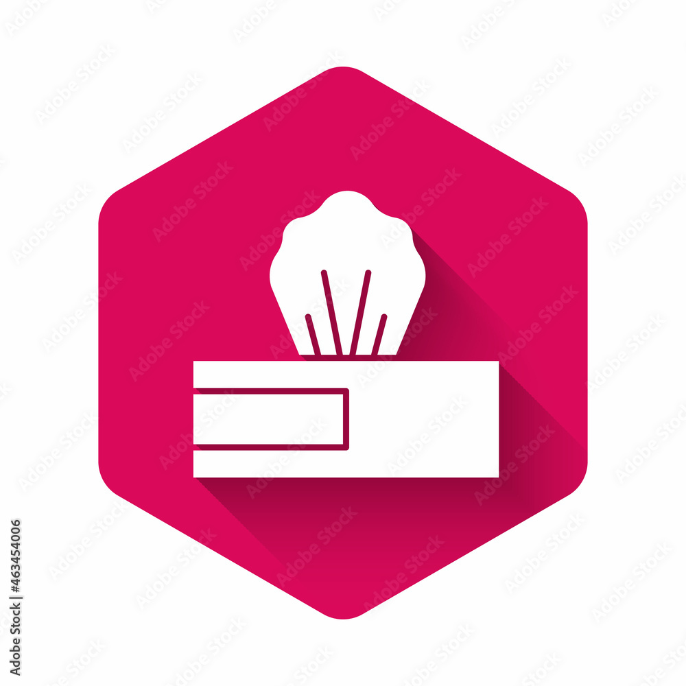 Poster white wet wipe pack icon isolated with long shadow. pink hexagon button. vector.