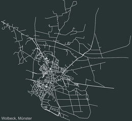Detailed negative navigation urban street roads map on dark gray background of the quarter Wolbeck district of the German capital city of Münster-Muenster, Germany
