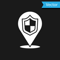 White Location shield icon isolated on black background. Insurance concept. Guard sign. Security, safety, protection, privacy concept. Vector.