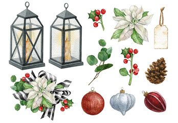 Christmas lantern.Watercolor winter set with lantern,Pine cone,red berries,ribbon,xmas balls,white flower composition.Winter holiday elements.