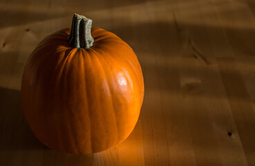 Thanksgiving Background: Pumpkins And Fallen Leaves On Wooden Background. Copy Space For Text....