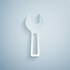 Paper cut Wrench spanner icon isolated on grey background. Paper art style. Vector