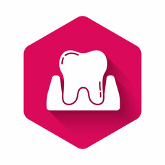 White Tooth icon isolated with long shadow. Tooth symbol for dentistry clinic or dentist medical center and toothpaste package. Pink hexagon button. Vector