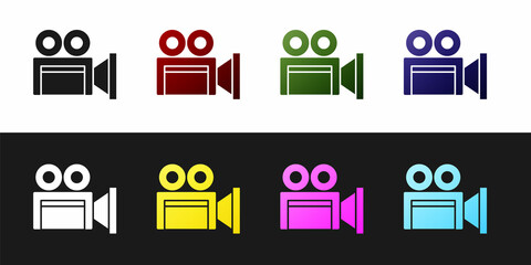 Set Cinema camera icon isolated on black and white background. Video camera. Movie sign. Film projector. Vector