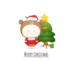 Cute baby santa costume with gift for merry christmas illustration set Premium Vector