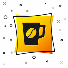 Black Coffee cup icon isolated on white background. Tea cup. Hot drink coffee. Yellow square button. Vector