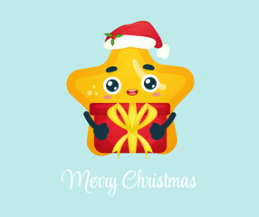 Cute little star hugging christmas gift for merry christmas illustration Premium Vector