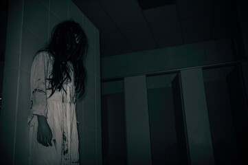 Portrait of asian woman make up ghost,Scary horror scene for background,Halloween festival...