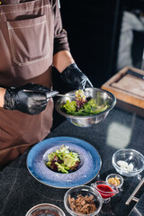 A professional chef prepares a delicious fresh salad of green vegetables and juicy veal in a modern and stylish restaurant. Cooking in a restaurant.